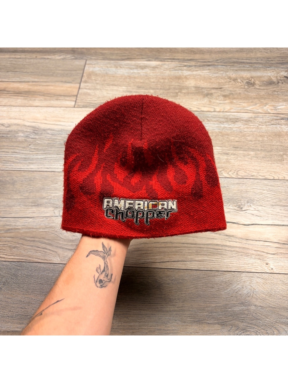 American Chopper Red Knit Beanie Hat with Flame Design
